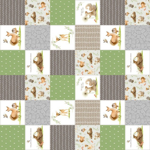 3" BLOCKS- Forest Friends Patchwork Cheater Quilt- Brown Green & Gray, Gender Neutral Woodland Animal Blanket, ROTATED quilt A