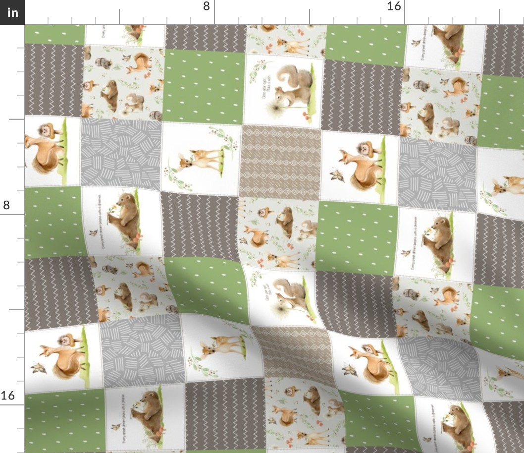 3" BLOCKS- Forest Friends Patchwork Cheater Quilt- Brown Green & Gray, Gender Neutral Woodland Animal Blanket, ROTATED quilt A