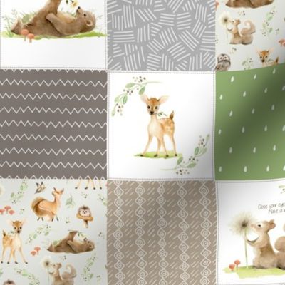 3" BLOCKS- Forest Friends Patchwork Cheater Quilt- Brown Green & Gray, Gender Neutral Woodland Animal Blanket, quilt A