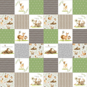 3" BLOCKS- Forest Friends Patchwork Cheater Quilt- Brown Green & Gray, Gender Neutral Woodland Animal Blanket, quilt A