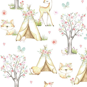XL WhisperWood Nursery (white) Teepee Deer Fox Bunny Trees Flowers - XL scale