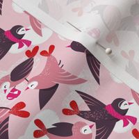 Tiny scale // Lovebirds // pastel pink background with clouds blush pink and beet purple birds vivid red heart tails fuchsia details