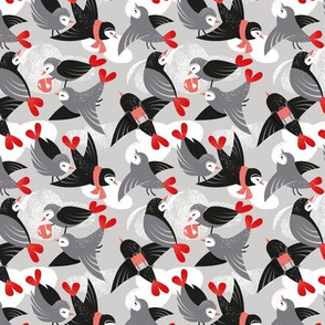 Tiny scale // Lovebirds // light grey background with clouds black and grey birds vivid red heart tails coral details