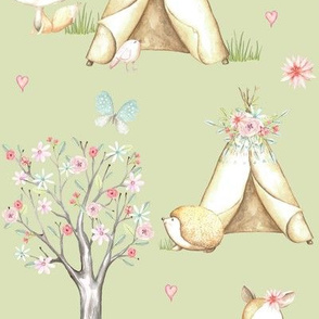 WhisperWood Nursery (pear) Teepee Deer Fox Bunny Trees Flowers - LARGER scale