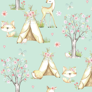 XL WhisperWood Nursery (soft seafoam) Teepee Deer Fox Bunny Trees Flowers - XL scale