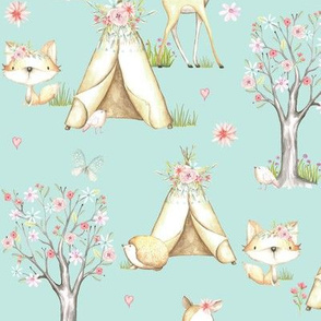 WhisperWood Nursery (birds egg) Teepee Deer Fox Bunny Trees Flowers - MEDIUM scale