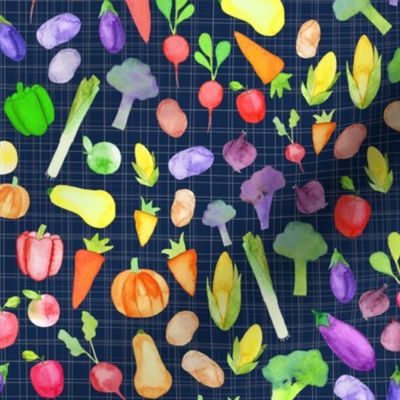 Rainbow Vegetables - grid background - navy