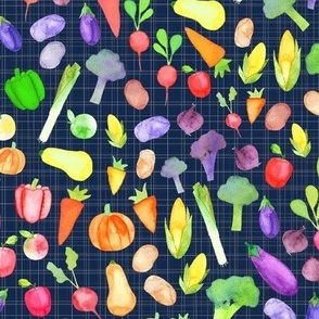 Rainbow Vegetables - grid background - navy