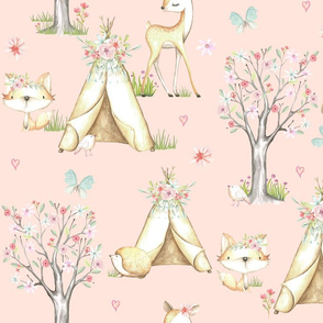XL WhisperWood Nursery (baby pink) Teepee Deer Fox Bunny Trees Flowers - XL scale