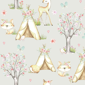 XL WhisperWood Nursery (eggshell) – Teepee Deer Fox Bunny Trees Flowers - XL scale