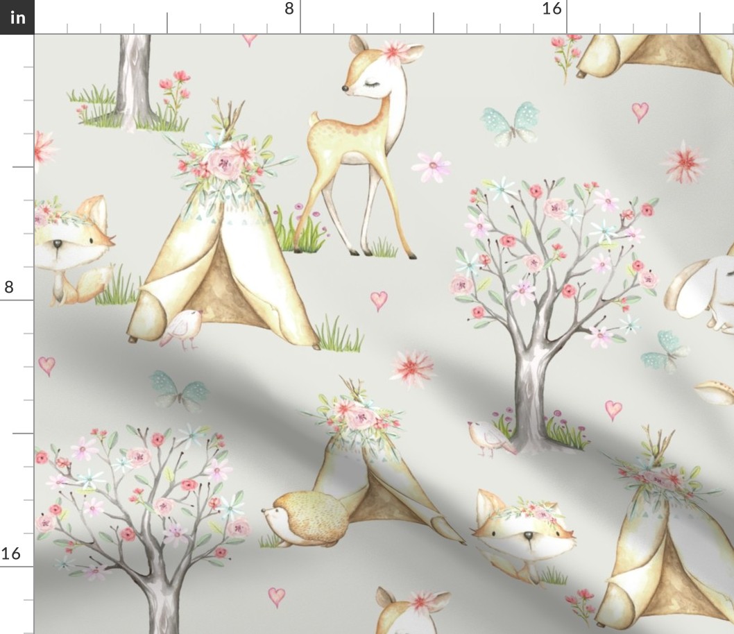 XL WhisperWood Nursery (eggshell) – Teepee Deer Fox Bunny Trees Flowers - XL scale