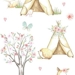 WhisperWood Nursery (white) – Teepee Deer Fox Bunny Trees Flowers - LARGE scale