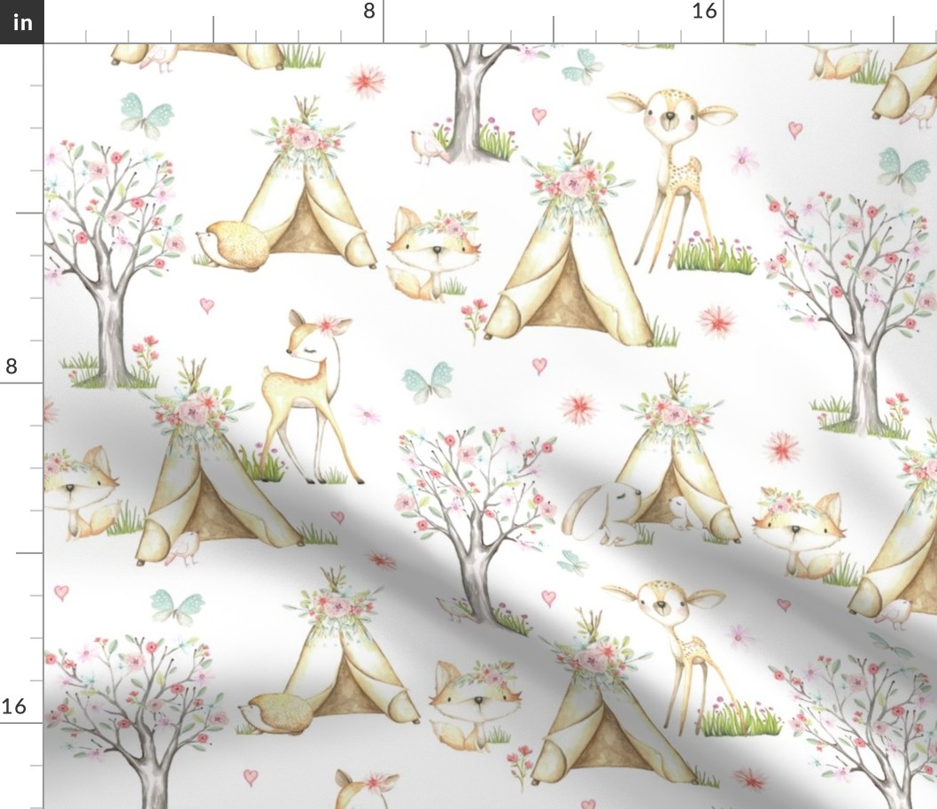 WhisperWood Nursery (white) – Teepee Deer Fox Bunny Trees Flowers - LARGE scale