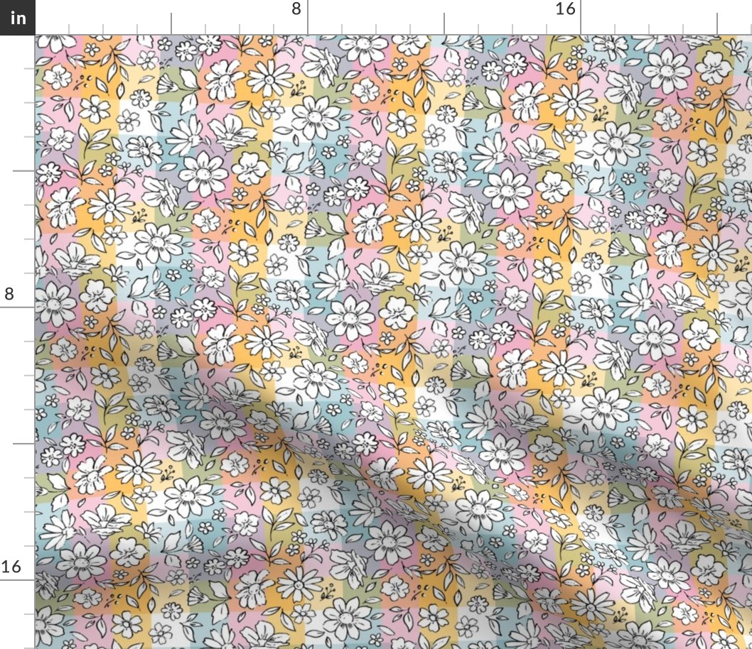 Ditsy floral on pastel plaid - small scale