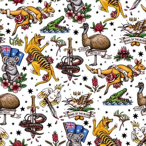 Retro Australian Tattoo Australia Day Fabric - White