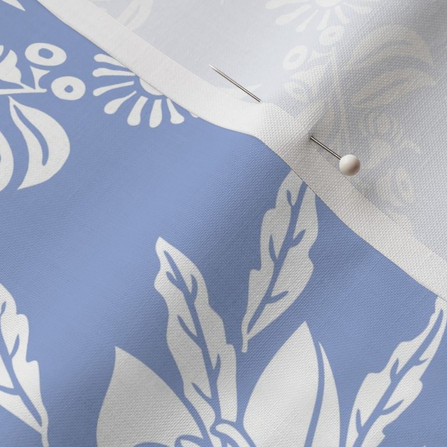 Damask Australian floral Waratah and King parrot bird, elegant traditional classic Australiana in light blue and white