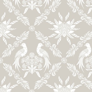 Damask Australian floral Waratah and King parrot bird, elegant traditional classic Australiana in soft warm grey and white