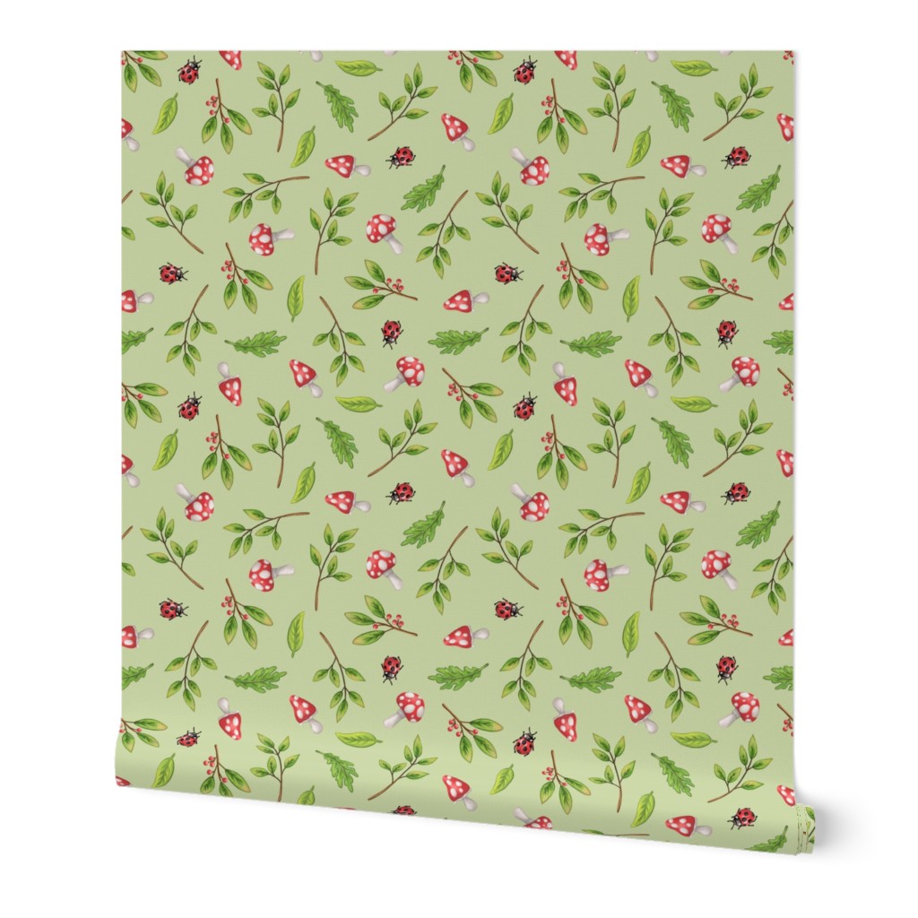 Woodland Friends - Floral Print - Avocado Green