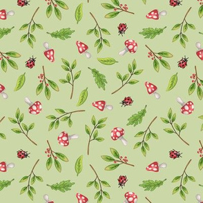 Woodland Friends - Floral Print - Avocado Green