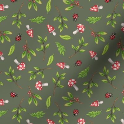 Woodland Friends - Floral Print - Army Green