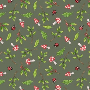 Woodland Friends - Floral Print - Army Green