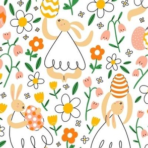 Easter bunnies with eggs in flower field, medium scale