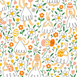 Easter bunnies with eggs in flower field, large scale
