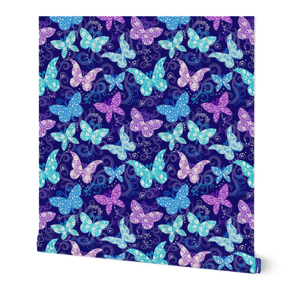 Rococo Butterflies in Violet Purple, Bright Aqua and Blue on Indigo 