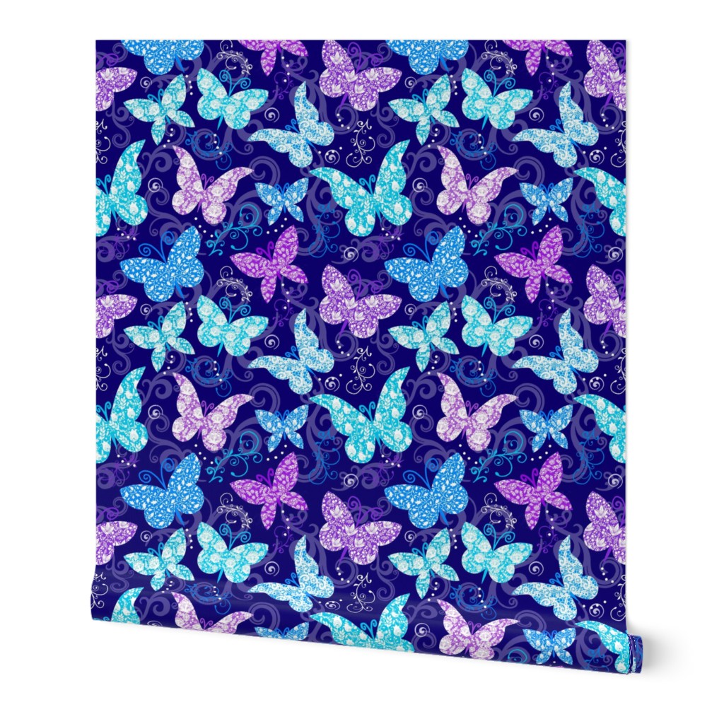 Rococo Butterflies in Violet Purple, Bright Aqua and Blue on Indigo 