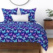 Rococo Butterflies in Violet Purple, Bright Aqua and Blue on Indigo 