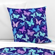 Rococo Butterflies in Violet Purple, Bright Aqua and Blue on Indigo 