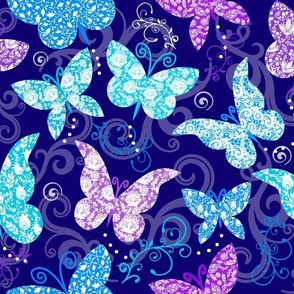 Rococo Butterflies in Violet Purple, Bright Aqua and Blue on Indigo 