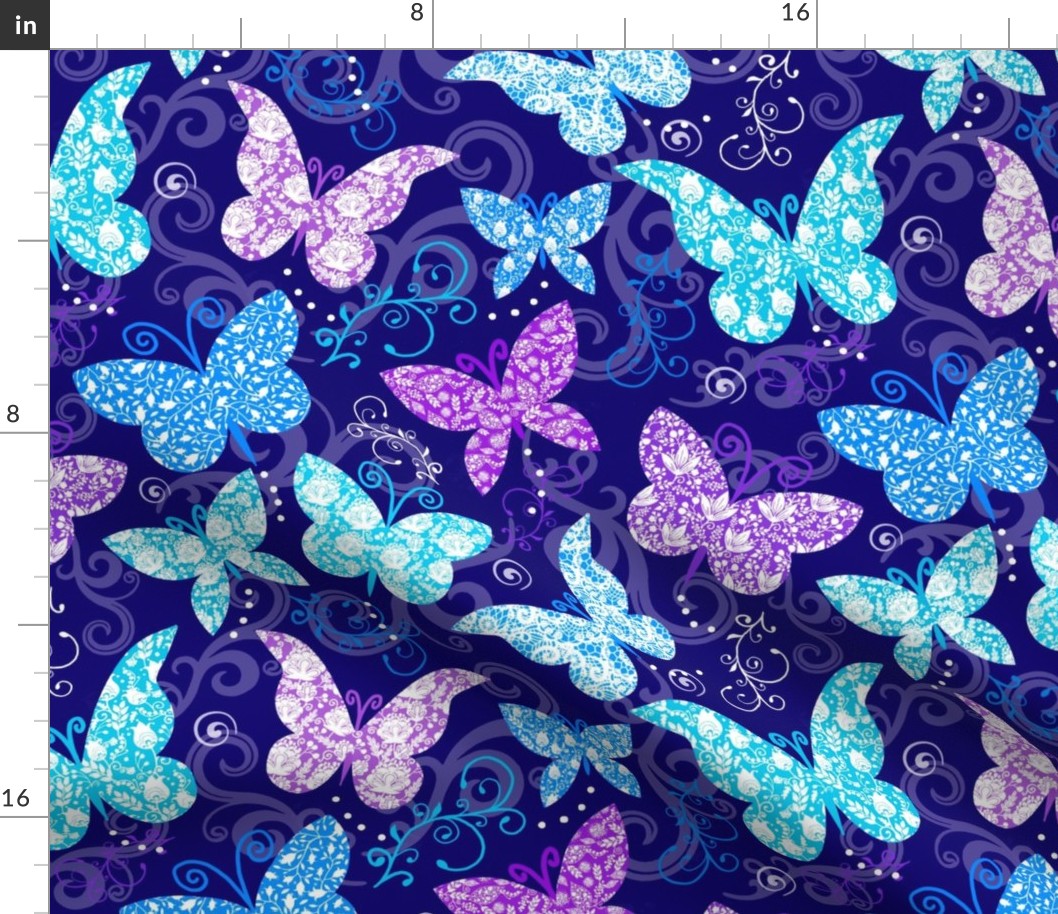 Rococo Butterflies in Violet Purple, Bright Aqua and Blue on Indigo 