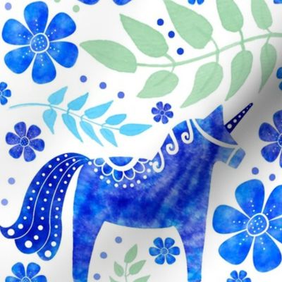 Dala Unicorns in Blue Watercolor - Large Scale