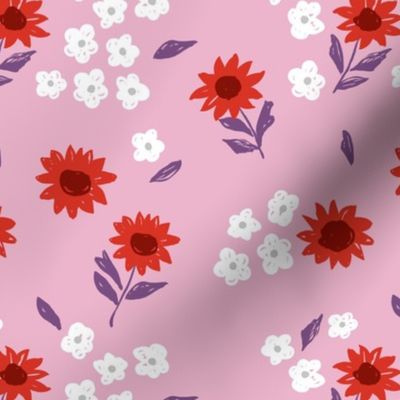 Summer sunflowers and daisies flower garden boho leaves and blossom nursery design pink red purple white