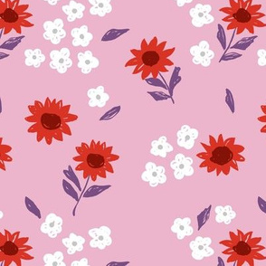Summer sunflowers and daisies flower garden boho leaves and blossom nursery design pink red purple white