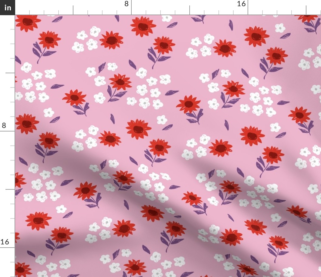 Summer sunflowers and daisies flower garden boho leaves and blossom nursery design pink red purple white