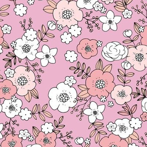 Vintage english rose garden liberty flowers and leaves boho blossom print nursery seventies retro pink white blush