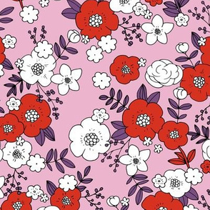 Vintage english rose garden liberty flowers and leaves boho blossom print nursery seventies retro pink white purple