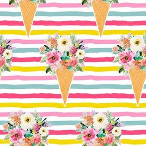 6" Floral Ice Cream Cone with Pink Aqua Yellow Stripes