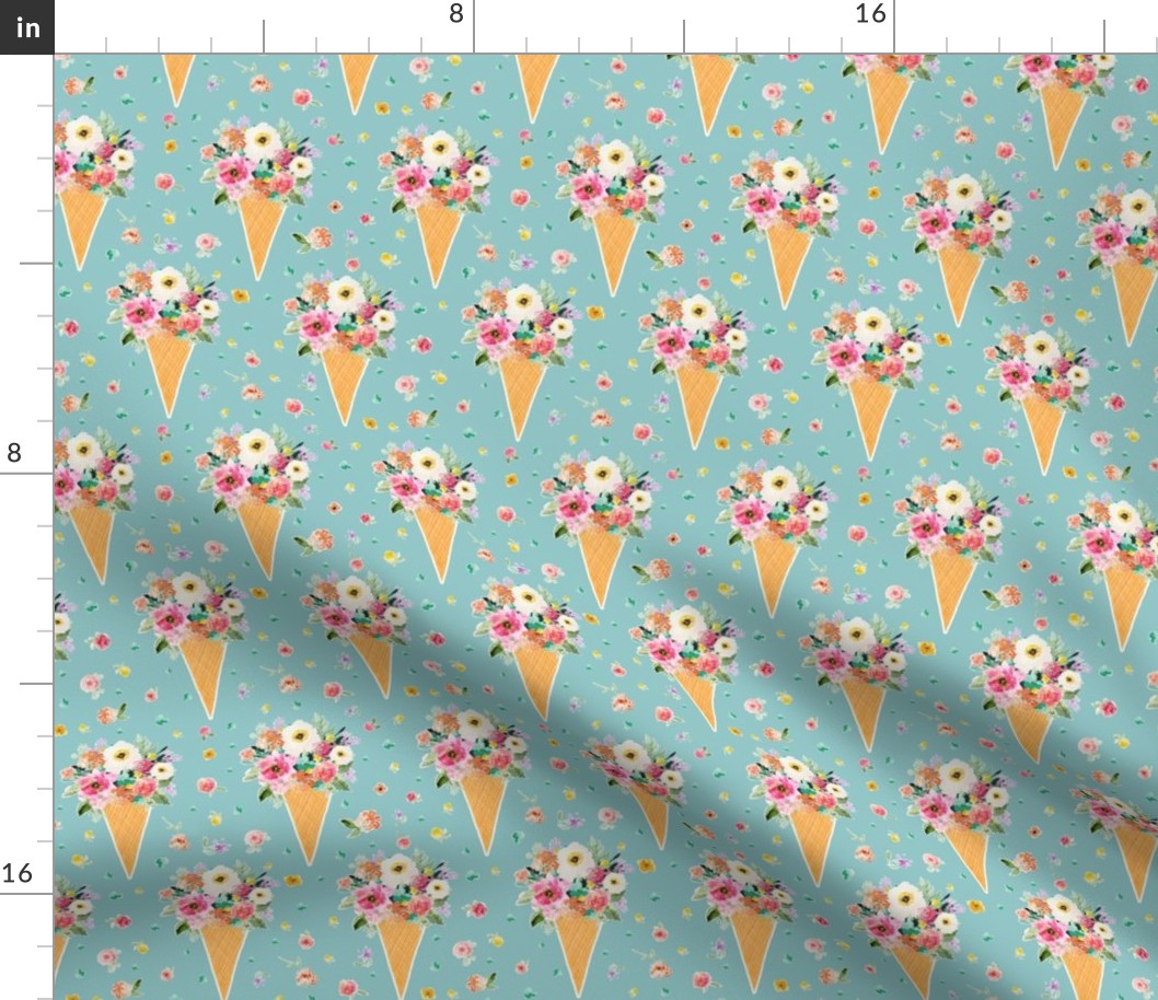 6" Floral Ice Cream Cone with Free Falling Florals Aqua back