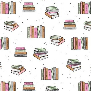Back to school piles of books reading teacher classroom design white pink mint