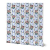 Embroidered Roses Brocade Stripes - Blue