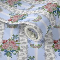 Embroidered Roses Brocade Stripes - Blue