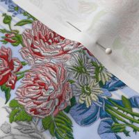 Embroidered Roses Brocade Stripes - Blue