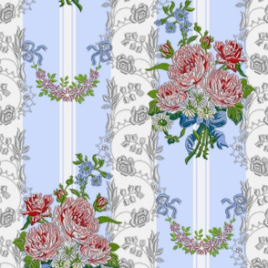 Embroidered Roses Brocade Stripes - Blue