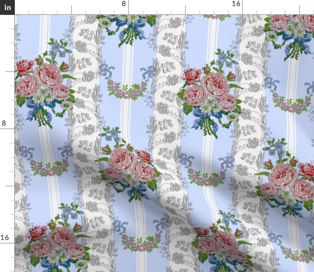 Embroidered Roses Brocade Stripes - Blue