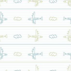 Cute scribble plane in the sky kids doodle background. 