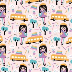 Back to school love girl with books and bag apples and pencils school bus teacher design pale pink lilac