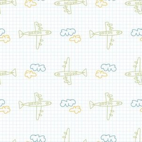 Cute scribble plane in the sky kids doodle background.